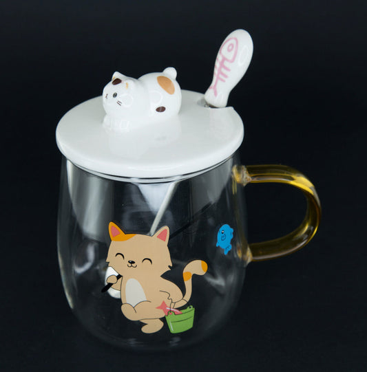 Mug Doseur Chat Maneki Neko en Verre avec Couvercle en Céramique – 400 ml
