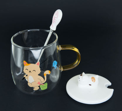 Mug Doseur Chat Maneki Neko en Verre avec Couvercle en Céramique – 400 ml