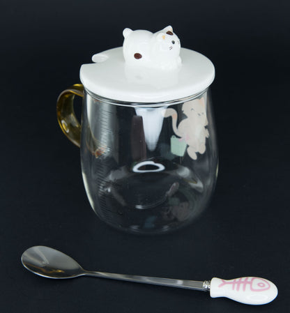 Mug Doseur Chat Maneki Neko en Verre avec Couvercle en Céramique – 400 ml