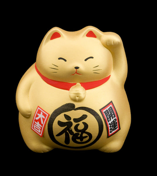 Tirelire Chat Japonais Maneki-Neko Doré en Céramique