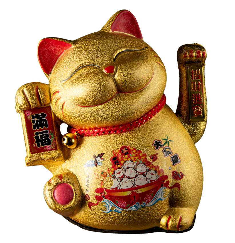 Chat Chinois Maneki Neko Doré en Céramique – Figurine Animée à Pile 21 cm