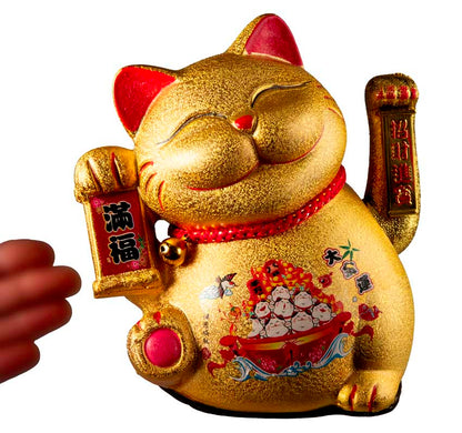 Chat Chinois Maneki Neko Doré en Céramique – Figurine Animée à Pile 21 cm