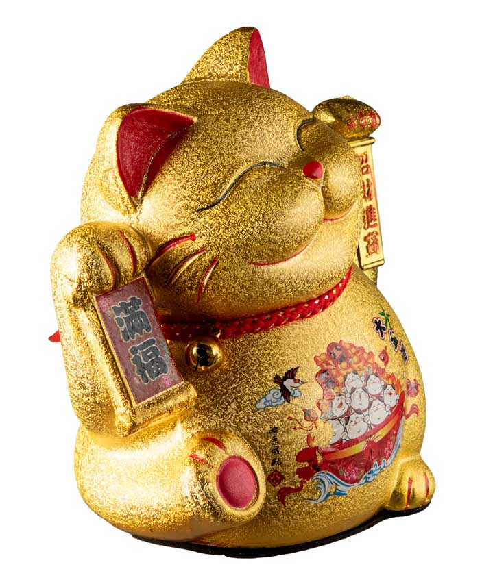 Chat Chinois Maneki Neko Doré en Céramique – Figurine Animée à Pile 21 cm