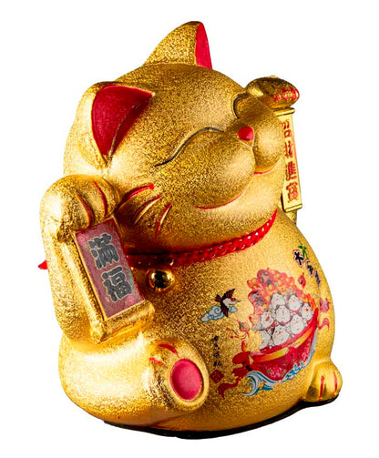 Chat Chinois Maneki Neko Doré en Céramique – Figurine Animée à Pile 21 cm