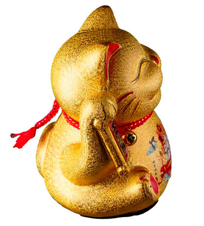Chat Chinois Maneki Neko Doré en Céramique – Figurine Animée à Pile 21 cm