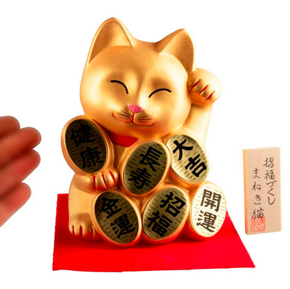 Tirelire Chat Japonais Maneki-Neko Doré en Céramique 17 cm