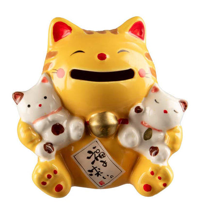Tirelire Chat Japonais Maneki-Neko Jaune avec Chatons