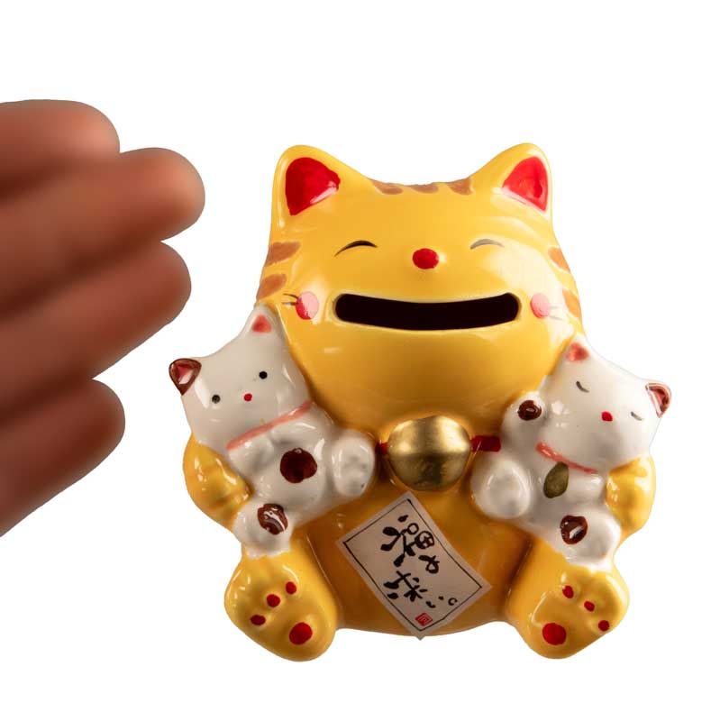 Tirelire Chat Japonais Maneki-Neko Jaune avec Chatons