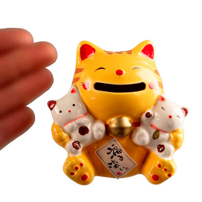 Tirelire Chat Japonais Maneki-Neko Jaune avec Chatons