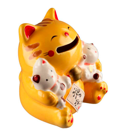 Tirelire Chat Japonais Maneki-Neko Jaune avec Chatons