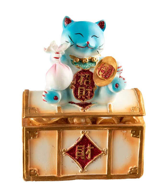 Tirelire Chat Japonais Maneki-Neko sur Coffre en Résine Bleu
