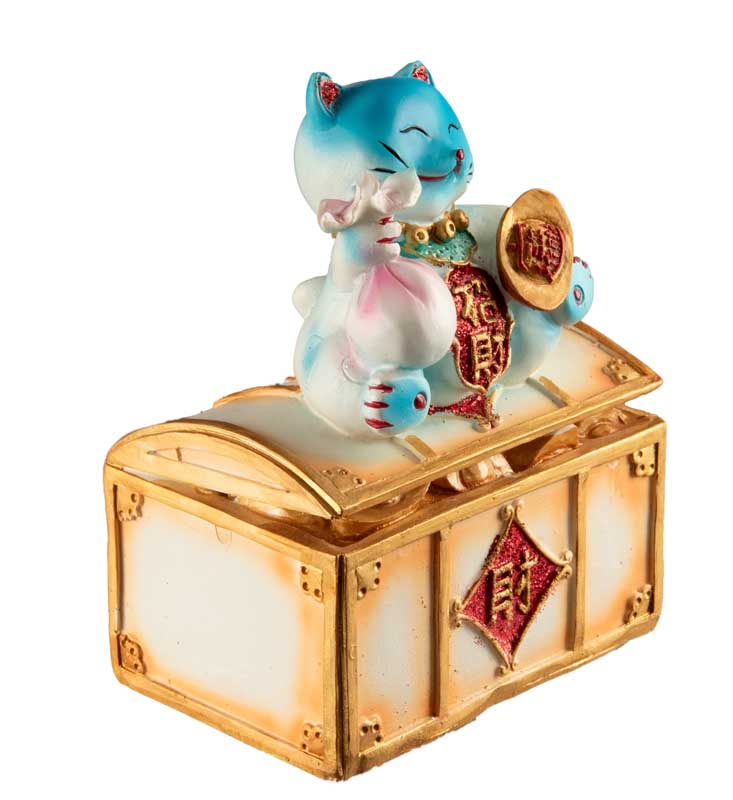 Tirelire Chat Japonais Maneki-Neko sur Coffre en Résine Bleu