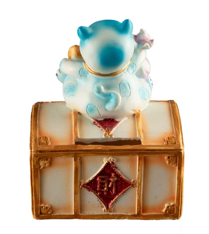 Tirelire Chat Japonais Maneki-Neko sur Coffre en Résine Bleu