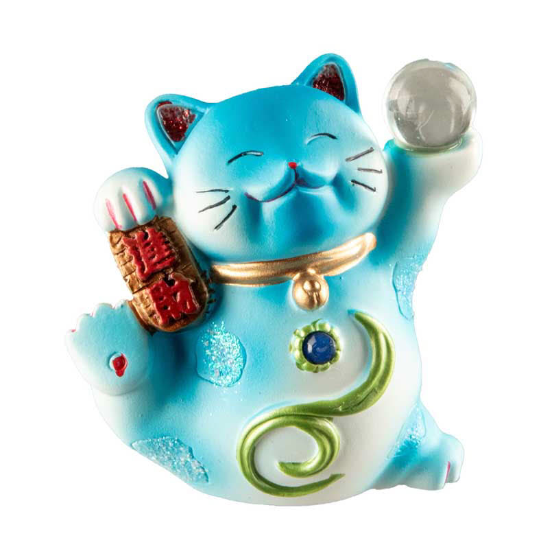 Statuette Chat Chanceux Maneki-Neko Bleu en Résine – Figurine Décorative Kawaii 7 cm