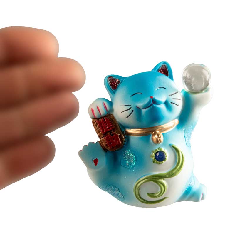 Statuette Chat Chanceux Maneki-Neko Bleu en Résine – Figurine Décorative Kawaii 7 cm