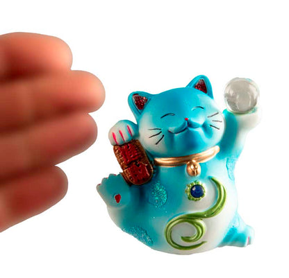 Statuette Chat Chanceux Maneki-Neko Bleu en Résine – Figurine Décorative Kawaii 7 cm