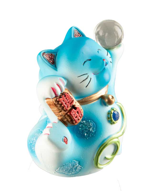 Statuette Chat Chanceux Maneki-Neko Bleu en Résine – Figurine Décorative Kawaii 7 cm
