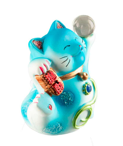 Statuette Chat Chanceux Maneki-Neko Bleu en Résine – Figurine Décorative Kawaii 7 cm