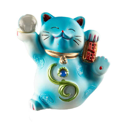 Statuette Chat Chanceux Maneki-Neko Bleu en Résine – Figurine Décorative Kawaii 7 cm