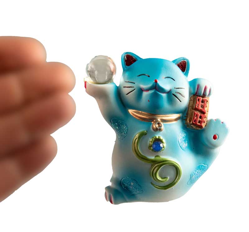 Statuette Chat Chanceux Maneki-Neko Bleu en Résine – Figurine Décorative Kawaii 7 cm