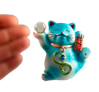 Statuette Chat Chanceux Maneki-Neko Bleu en Résine – Figurine Décorative Kawaii 7 cm