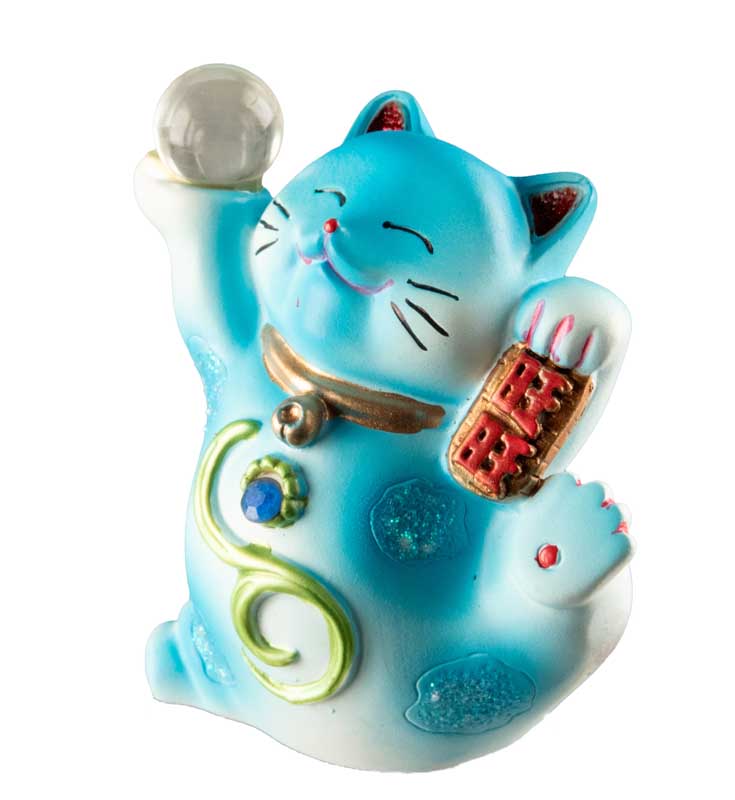 Statuette Chat Chanceux Maneki-Neko Bleu en Résine – Figurine Décorative Kawaii 7 cm