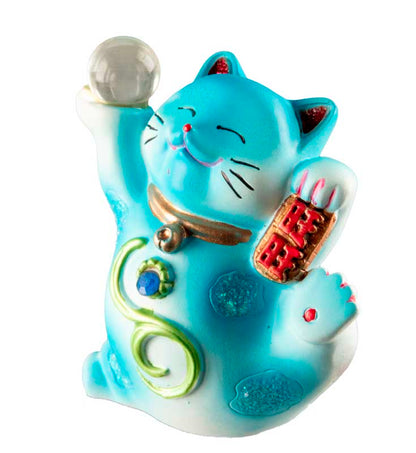 Statuette Chat Chanceux Maneki-Neko Bleu en Résine – Figurine Décorative Kawaii 7 cm