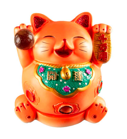 Chat Chanceux Maneki-Neko Orange en Résine – Figurine Décorative Kawaii 7 cm