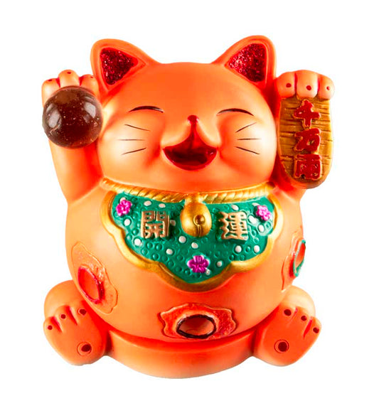 Chat Chanceux Maneki-Neko Orange en Résine – Figurine Décorative Kawaii 7 cm