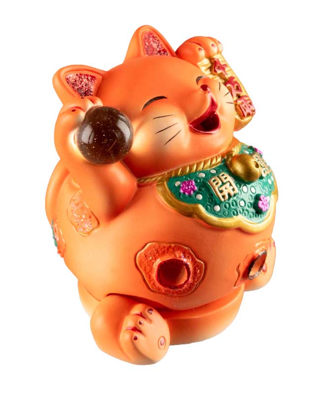 Chat Chanceux Maneki-Neko Orange en Résine – Figurine Décorative Kawaii 7 cm