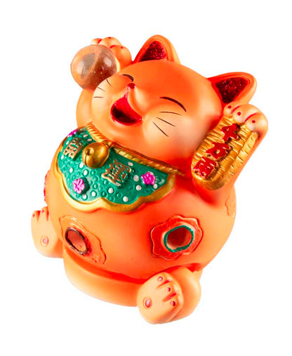 Chat Chanceux Maneki-Neko Orange en Résine – Figurine Décorative Kawaii 7 cm