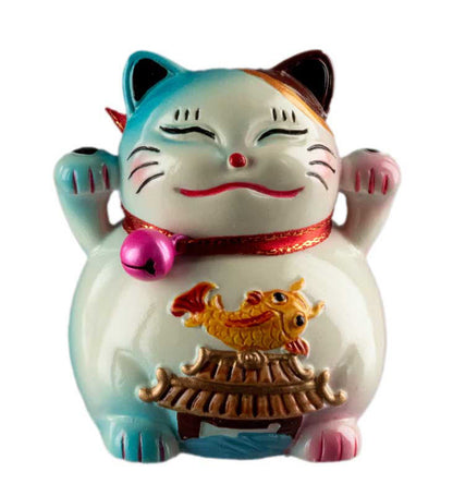 Figurine Chat Bobtail Maneki-Neko et son Poisson Sacré en Résine – Décoration Kawaii 6 cm