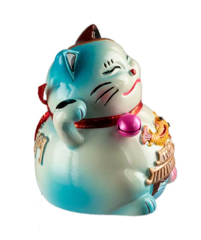 Figurine Chat Bobtail Maneki-Neko et son Poisson Sacré en Résine – Décoration Kawaii 6 cm