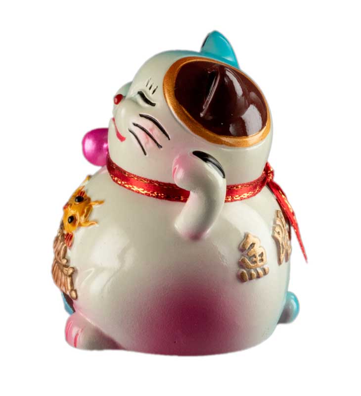 Figurine Chat Bobtail Maneki-Neko et son Poisson Sacré en Résine – Décoration Kawaii 6 cm