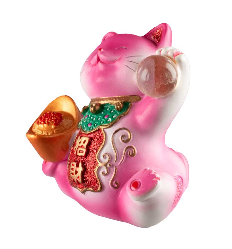 Figurine Chat Maneki-Neko Rose avec Lingot en Résine – Décoration Kawaii 7 cm