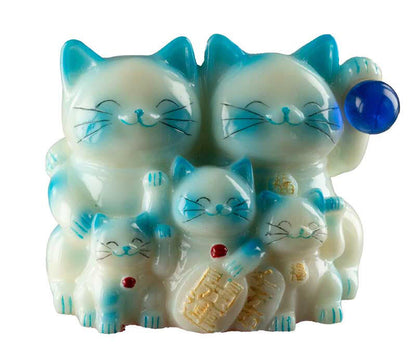 Statuette Chat Maneki-Neko et sa Famille Bleue en Résine – Décoration Kawaii 9,5 cm