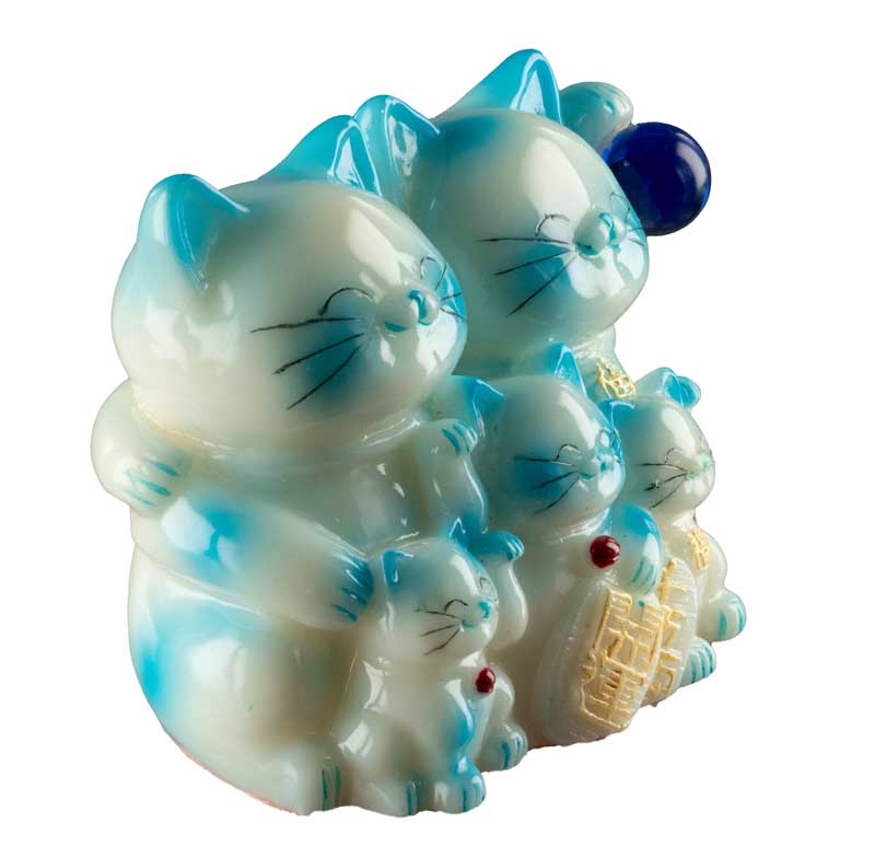 Statuette Chat Maneki-Neko et sa Famille Bleue en Résine – Décoration Kawaii 9,5 cm
