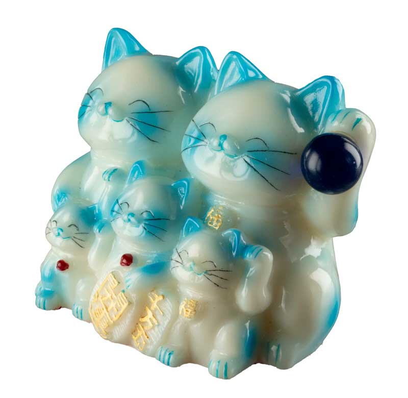 Statuette Chat Maneki-Neko et sa Famille Bleue en Résine – Décoration Kawaii 9,5 cm
