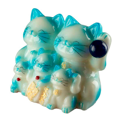 Statuette Chat Maneki-Neko et sa Famille Bleue en Résine – Décoration Kawaii 9,5 cm