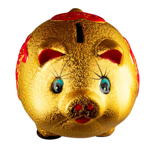Tirelire Cochon Chinois Doré Porte-Bonheur en Céramique