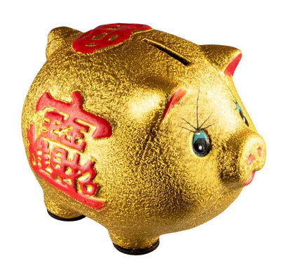 Tirelire Cochon Chinois Doré Porte-Bonheur en Céramique