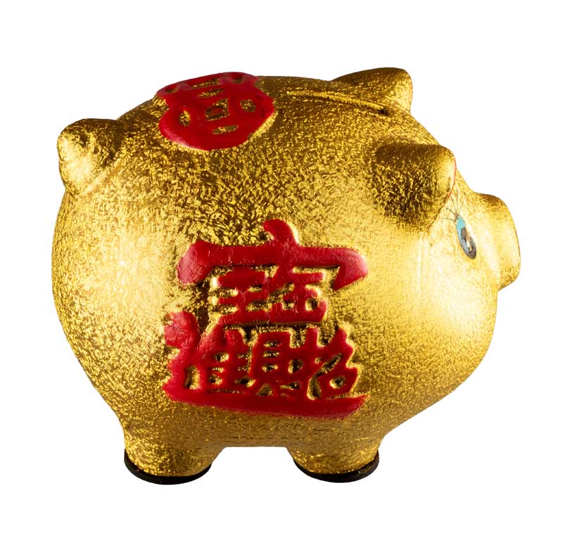 Tirelire Cochon Chinois Doré Porte-Bonheur en Céramique