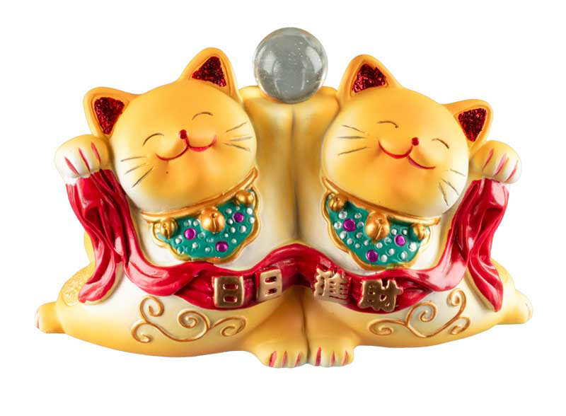 Duo Chat Maneki-Neko Jaune en Résine – Statuette Décorative Kawaii 11 cm