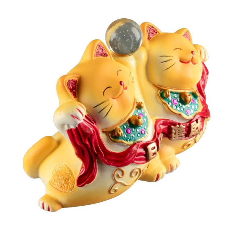 Duo Chat Maneki-Neko Jaune en Résine – Statuette Décorative Kawaii 11 cm