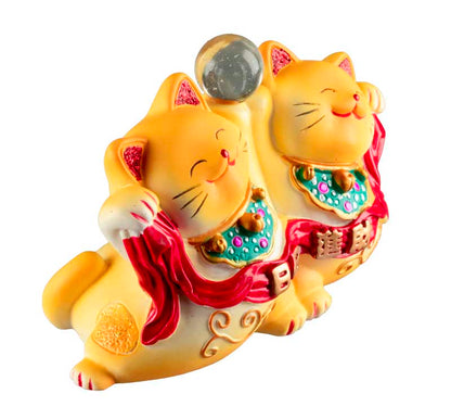 Duo Chat Maneki-Neko Jaune en Résine – Statuette Décorative Kawaii 11 cm
