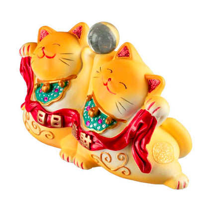 Duo Chat Maneki-Neko Jaune en Résine – Statuette Décorative Kawaii 11 cm