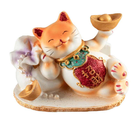 Chat Maneki-Neko Orange avec Lingot en Résine – Statuette Décorative Kawaii 9 cm