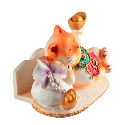 Chat Maneki-Neko Orange avec Lingot en Résine – Statuette Décorative Kawaii 9 cm