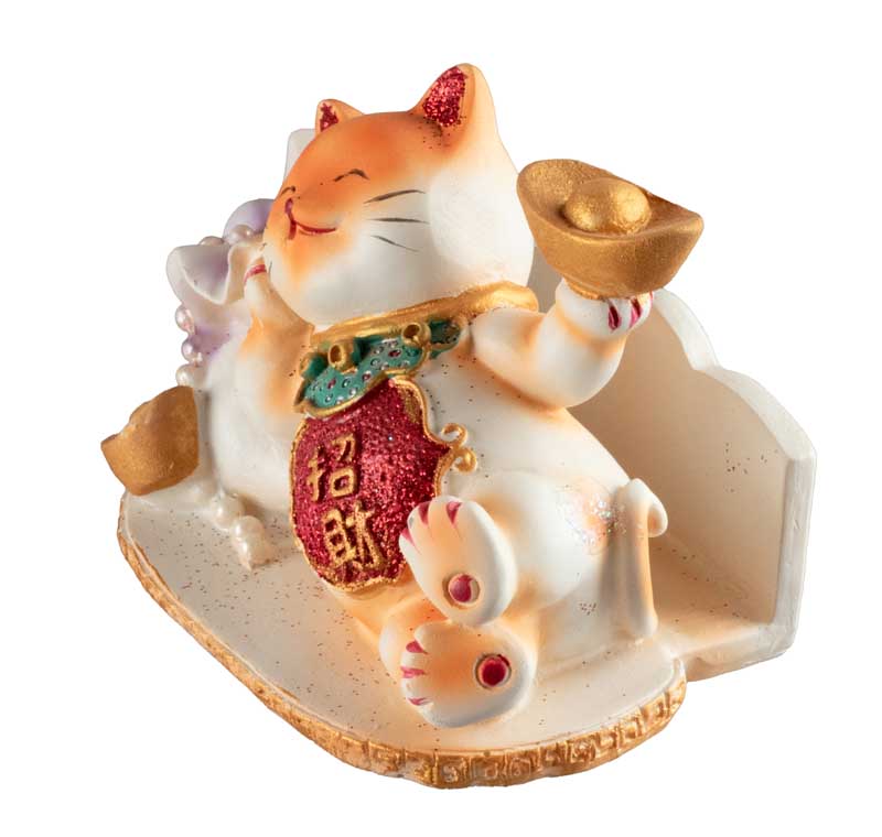 Chat Maneki-Neko Orange avec Lingot en Résine – Statuette Décorative Kawaii 9 cm