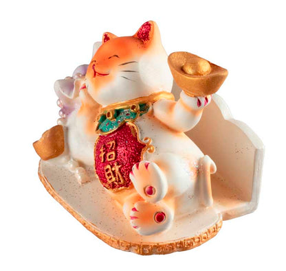 Chat Maneki-Neko Orange avec Lingot en Résine – Statuette Décorative Kawaii 9 cm